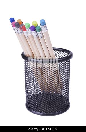 Several pencils with erasers different colours in a mesh cup isolated on white background Stock Photo