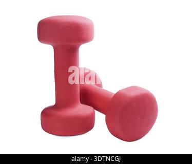 Two red plastic coated dumbells isolated on white Stock Photo