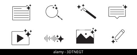Ai generated audio or media icon set. Ai star sparkle symbol, creative artificial intelligence and machine learning technology concept. Generative AI. music generated, image generate, magic pencil. Vector illustration Stock Vector