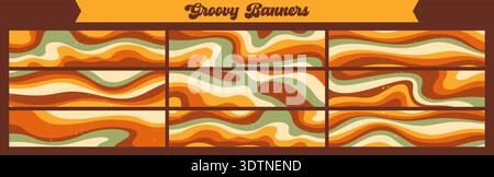 A set of nine banners drawn in warm groovy colors. Stock Vector