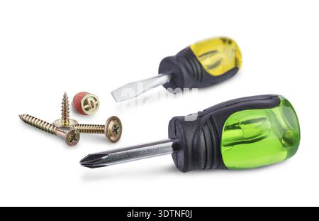 Multicolored short screwdrivers and different screws isolated on white Stock Photo