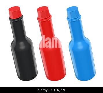 Set of glossy plastic sauce bottles with colorful caps, isolated on a ...