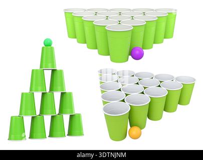 Set of plastic cups and colorful ping pong balls isolated on white ...