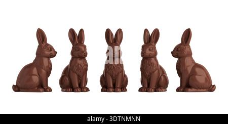 Easter Holiday And Sweet Dessert Concept. Set of Chocolate Bunny Figures In Different Angles Isolated On White Background. 3d Rendering Stock Photo