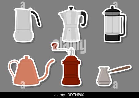 Illustration icon on theme big colored set different types maker kettle, new size logo mills, mill pattern consisting of collection accessory to maker Stock Vector