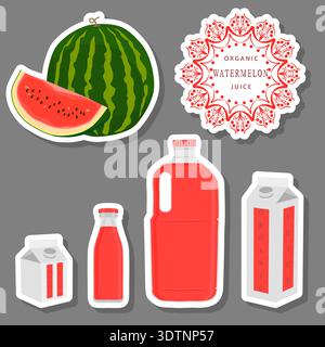 Illustration on theme big set different types of juice watermelon in bottle, juice watermelon pattern consisting of collection organic beverage to bot Stock Vector