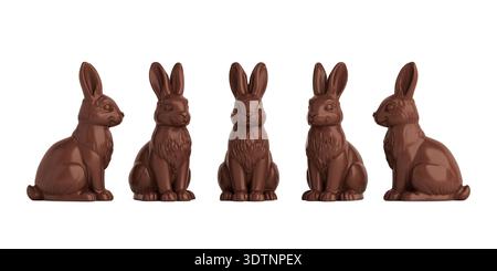 Easter Holiday And Sweet Dessert Concept. Set of Chocolate Bunny Figures In Different Angles Isolated On White Background. 3d Rendering Stock Photo