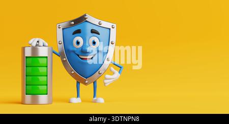 Energy Security And Full Power Concept With Shield Mascot. Smiling Blue Shield Character Standing Near Fully Charged Green Battery Isolated On Yellow Stock Photo