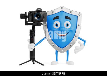 Video Production And Digital Security Concept. Smiling Blue Shield Mascot Holding Camera On Gimbal Stabilizer On White Background. 3d Rendering Stock Photo