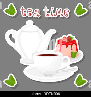 Illustration on theme set of teakettle for tasty tea with sweet dessert cheesecake, tea in teakettle near cheesecake it accessory on kitchen, fresh sa Stock Vector