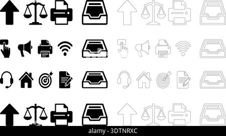 Office Communication and Business Icons Black and White Solid and Outline Vector Set Stock Vector
