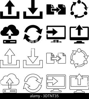 Upload Download Sync and Cloud Transfer Icons Black and White Vector Set Stock Vector