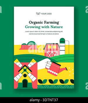 Vertical Poster Organic Farming Process Flat Hand Drawn Cartoon Design Stock Vector