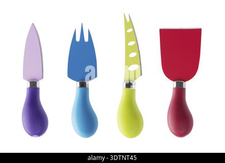 Set of stainless steel multicolored cheese knives isolated on white background Stock Photo