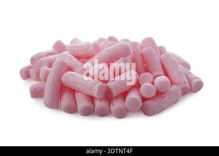 Pile of pink packing foam peanuts isolated on white background Stock Photo