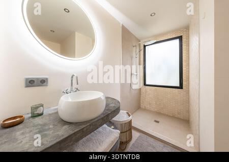 an image of a renovated bathroom with standing shower and stone cabinets bowl sink in luxury real estate property Stock Photo
