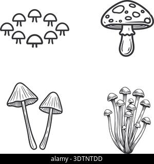 A black and white illustration set featuring various mushroom species in different shapes and cluster formations Stock Vector