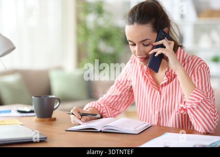 Self employed consulting agenda calling on phone working at home Stock Photo