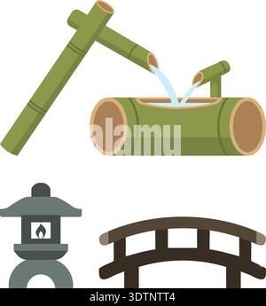 A stylized illustration set inspired by Japanese garden features, including bamboo water fountain, stone lantern, and arched wooden bridge, representi Stock Vector