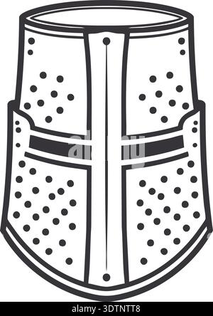 Black line art sketch of a medieval helmet with cross shaped visor and dotted texture Stock Vector