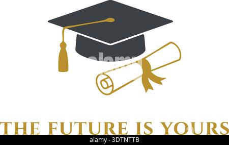 Graduation themed card with cap and diploma above the phrase the future is yours Stock Vector