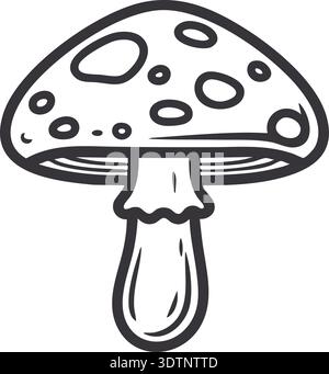 Black line art illustration of a spotted toadstool mushroom with thick outline and gills Stock Vector
