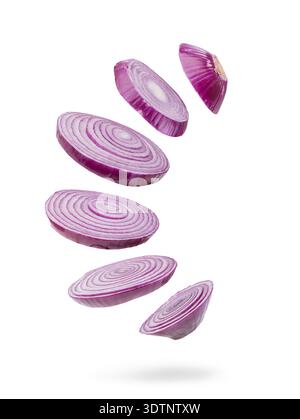 Sliced and falling red onion isolated on white background Stock Photo