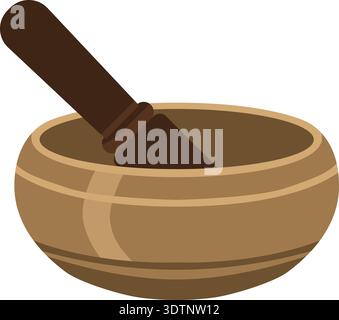 Flat illustration of a wooden mortar bowl with pestle for grinding ingredients Stock Vector