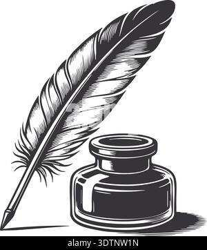 Black and white drawing of a quill feather pen beside an ink bottle on a surface Stock Vector