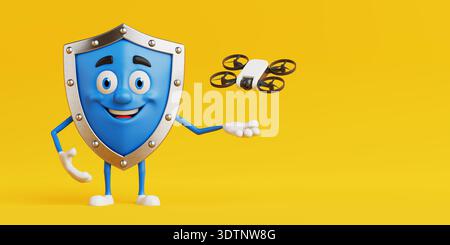 Cybersecurity And Drone Protection Concept With Friendly Shield Character Presenting Flying Quadcopter. Cute Blue Security Mascot Standing On Yellow B Stock Photo