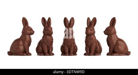 Easter Holiday And Sweet Dessert Concept. Set of Chocolate Bunny Figures In Different Angles Isolated On White Background. 3d Rendering Stock Photo