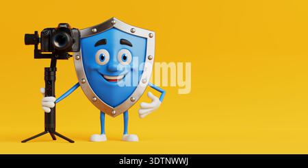 Video Production And Digital Security Concept. Smiling Blue Shield Mascot Holding Camera On Gimbal Stabilizer On Yellow Background. 3d Rendering Stock Photo