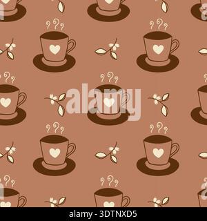 Pattern with brown mug design depicting hot drink, heart on cup, coffee beans on branch and hot drink. Vector illustration Stock Vector
