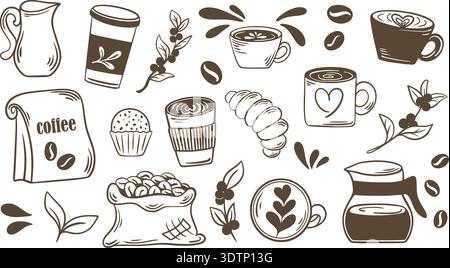 Hand drawn doodle coffee set. Sketch includes coffee beans, teapot, cup, takeaway coffee, muffin, croissant, cappuccino, latte and other elements Stock Vector