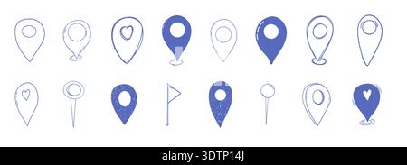 Doodle Location Pin set, pin line hand drawn blue pen for planner or map. Gps Navigation Markers pinpoints, tags, flag icons. . Vector illustration Stock Vector