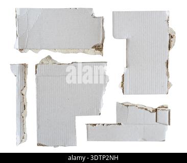 Set of white cardboard papers cut and torn into freeform geometric shapes isolated on white background with clipping path Stock Photo