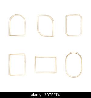 A set of six hand-drawn watercolor frames in various shapes and golden hues are displayed on a white background. These decorative borders are perfect for invitations or social media graphics. Stock Vector