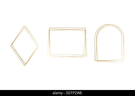 Elegant golden watercolor frames on a pristine white background. A set of three distinct shapes includes a diamond, a rectangle, and an arch, each defined by delicate, overlapping lines. Stock Vector