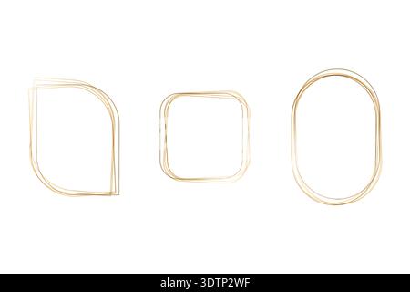 Three elegant golden watercolor frames appear on a clean white background. This decorative set includes a rounded rectangle, a rounded square, and an oval frame. Stock Vector