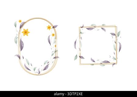 Two elegant watercolor frames feature golden outlines. One is an oval shape adorned with yellow flowers and soft leaves. The other is a square frame decorated with similar botanical elements. Stock Vector