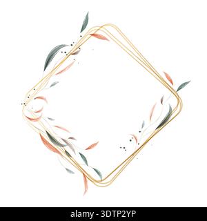 A stylish rhombus frame crafted from multiple thin golden lines. It features elegant watercolor leaves in shades of green, gray, and earthy red, along with small black dots. Stock Vector