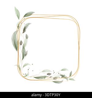 An elegant gold frame with rounded corners is embellished with delicate green and gray watercolor leaves and subtle dot accents. Stock Vector