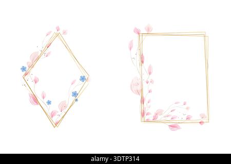 Two delicate watercolor frames showcase elegant golden geometric outlines. Stock Vector