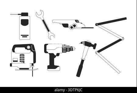 Construction tools 2D line objects set Stock Vector