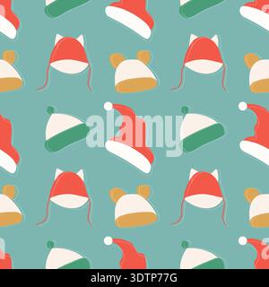 Winter pattern with warm hats, cute childrens winter hats with earflaps on blue background. Vector illustration Stock Vector