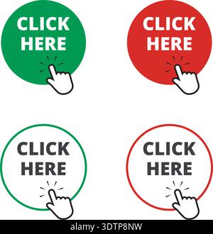 Red and green round click here button on a white background Stock Vector