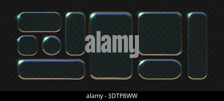 Liquid glass frames and buttons set isolated on transparent background. Stock Vector