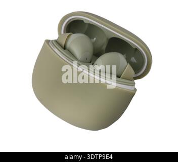 Wireless headphones isolated on white background. Wireless headphone in charging box. Earbuds in Protective Case Stock Photo
