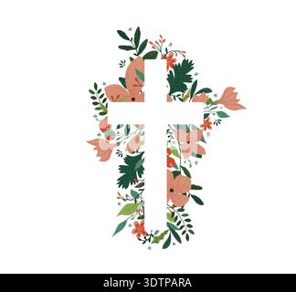 Christian cross. Vector drawing, Christian cross with flowers. Religious symbol, Easter holiday. Coloring book Stock Vector