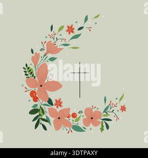 Vector drawing, Christian cross with flowers. Religious symbol, Easter holiday. Coloring book Stock Vector